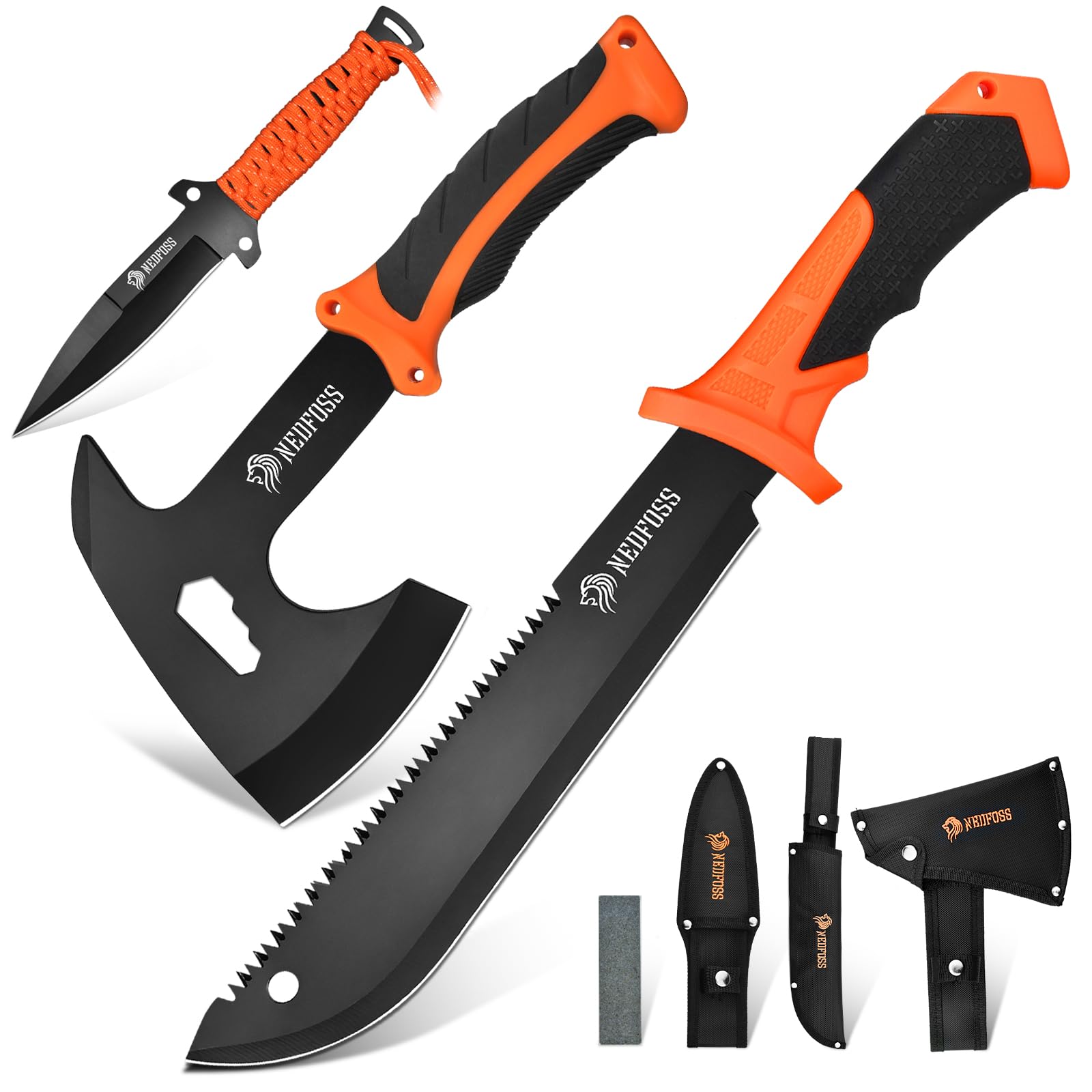 NedFoss Machete de 15", machadinhas de 10" para acampamento e sobrevivência, faca de caça de lâmina fixa com bainha, machadinha de acampamento com cabo de redução de choque, machado de acampamento, pacote de ferramentas de trabalho de quintal com 3