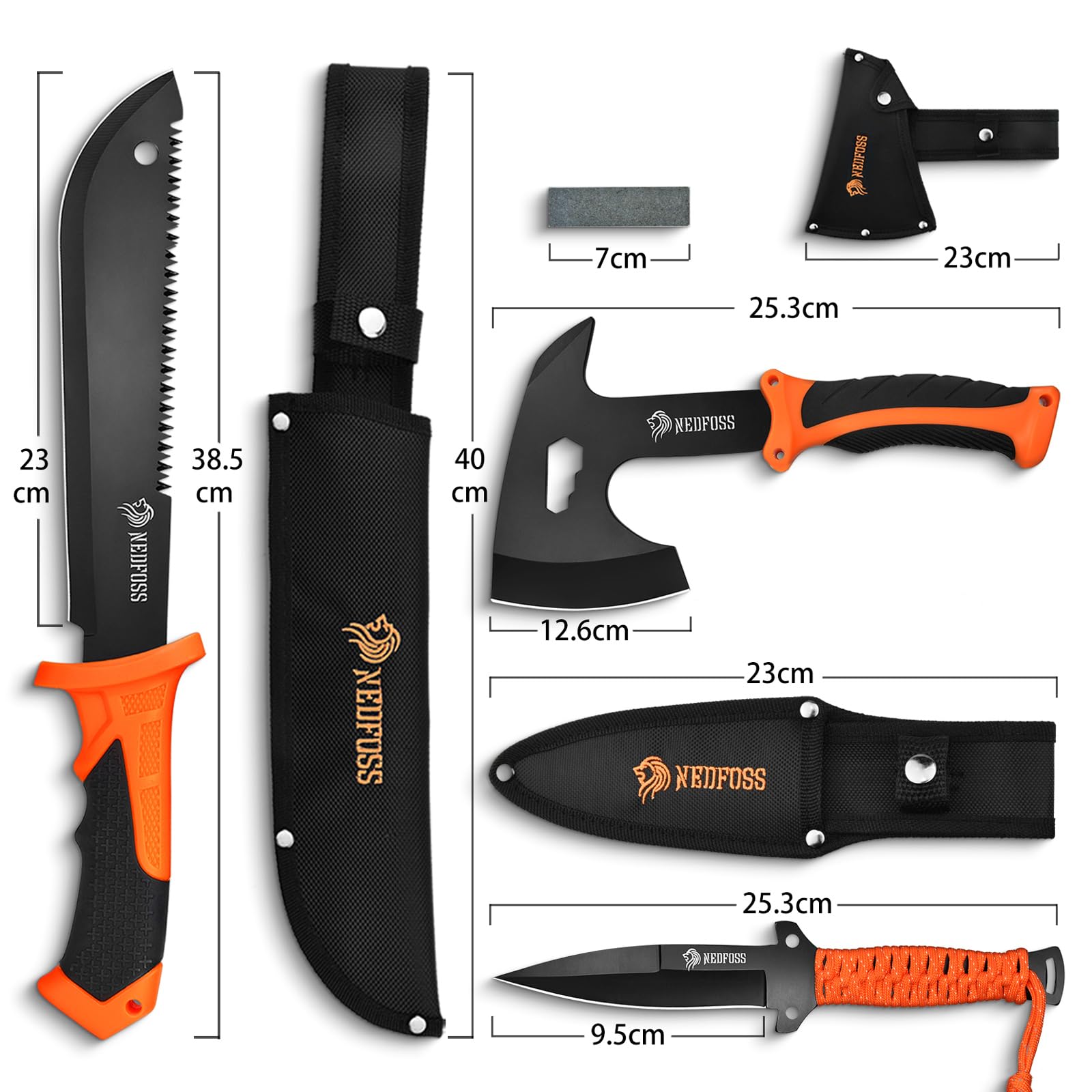 NedFoss Machete de 15", machadinhas de 10" para acampamento e sobrevivência, faca de caça de lâmina fixa com bainha, machadinha de acampamento com cabo de redução de choque, machado de acampamento, pacote de ferramentas de trabalho de quintal com 3