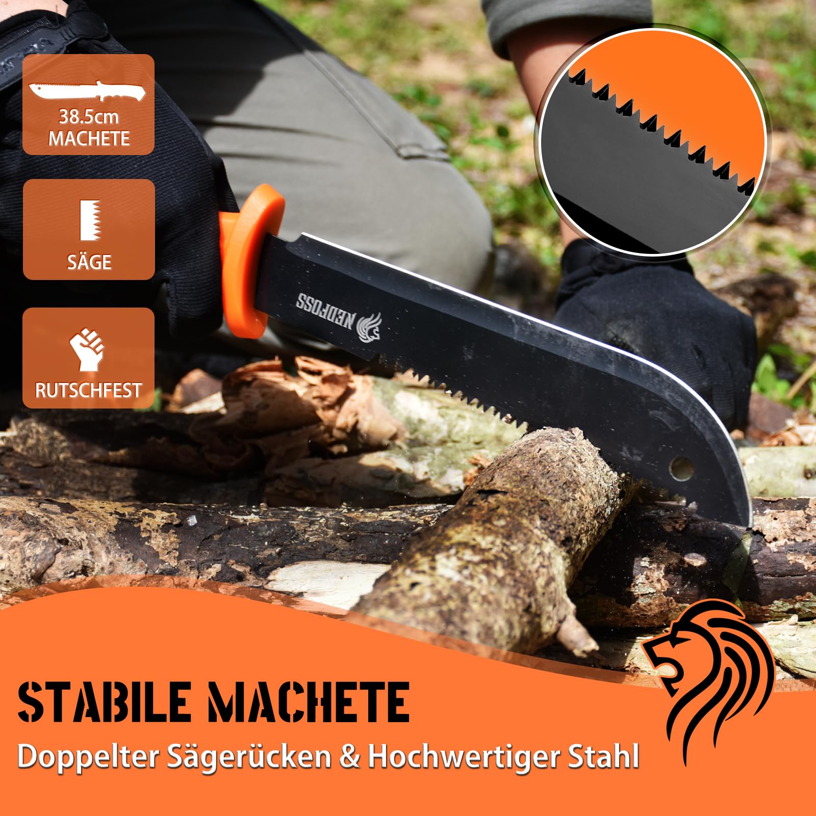 NedFoss Machete de 15", machadinhas de 10" para acampamento e sobrevivência, faca de caça de lâmina fixa com bainha, machadinha de acampamento com cabo de redução de choque, machado de acampamento, pacote de ferramentas de trabalho de quintal com 3