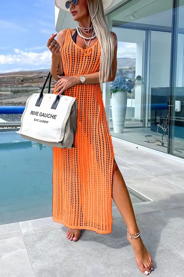 Deserted Island Croșetat Crochet Knit Cross Back Cover Up Maxi Dress