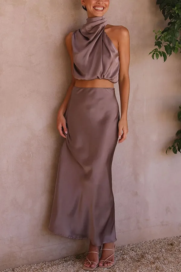 😍Such A Vibe High Neck Satin Drape Maxi Skirt Set