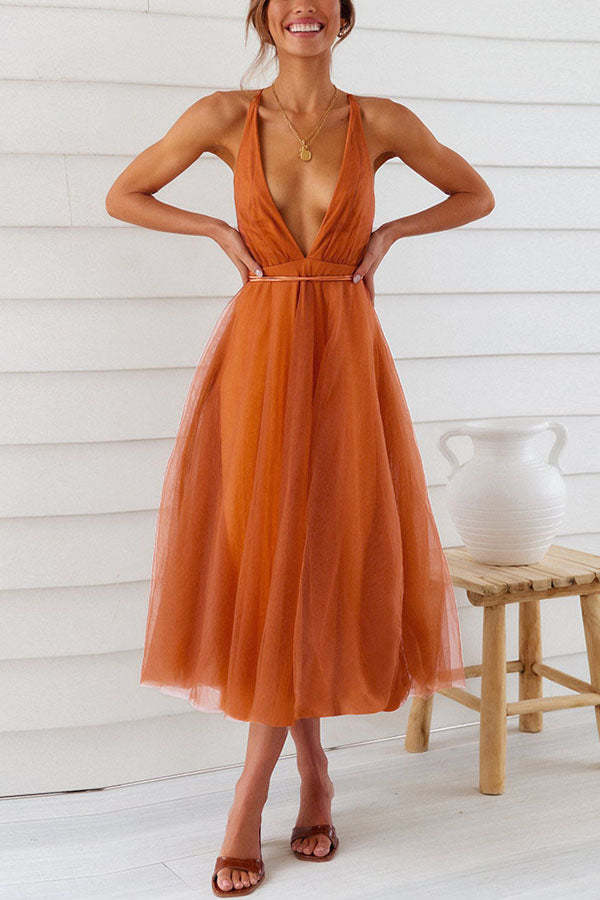Feeling Romantic V Neck V Tulle Midi Dress