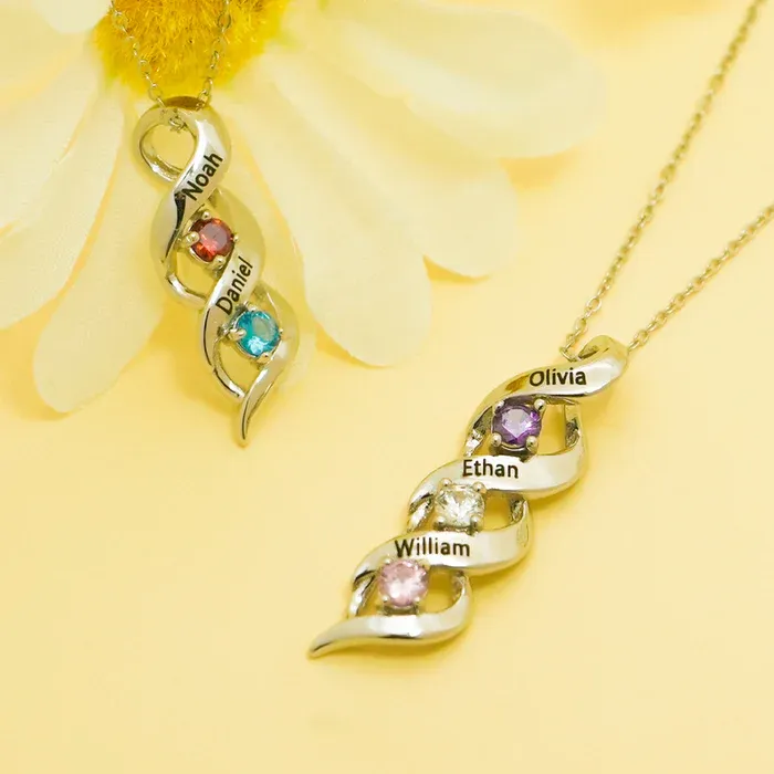 3 Names-Customized Necklace Cascading Pendant with 3 Birthstones Engraving 3 Names Gifts for Her