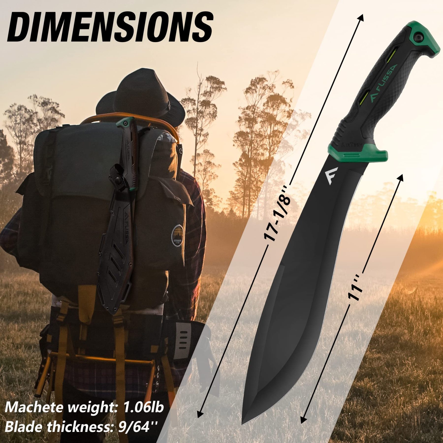 FLISSA Machete, 11-Inch Fixed Blade Camping Knife, Patented Shock-Absorbing Air Technology Handle, Ideal for Gardening, Forestry, and Outdoors, Includes Molded Sheath