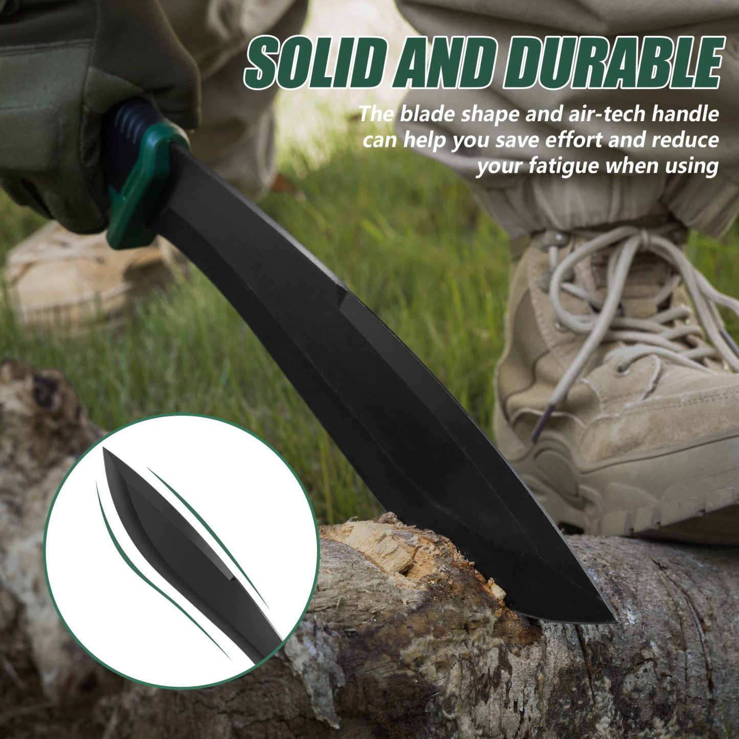 FLISSA Machete, 11-Inch Fixed Blade Camping Knife, Patented Shock-Absorbing Air Technology Handle, Ideal for Gardening, Forestry, and Outdoors, Includes Molded Sheath