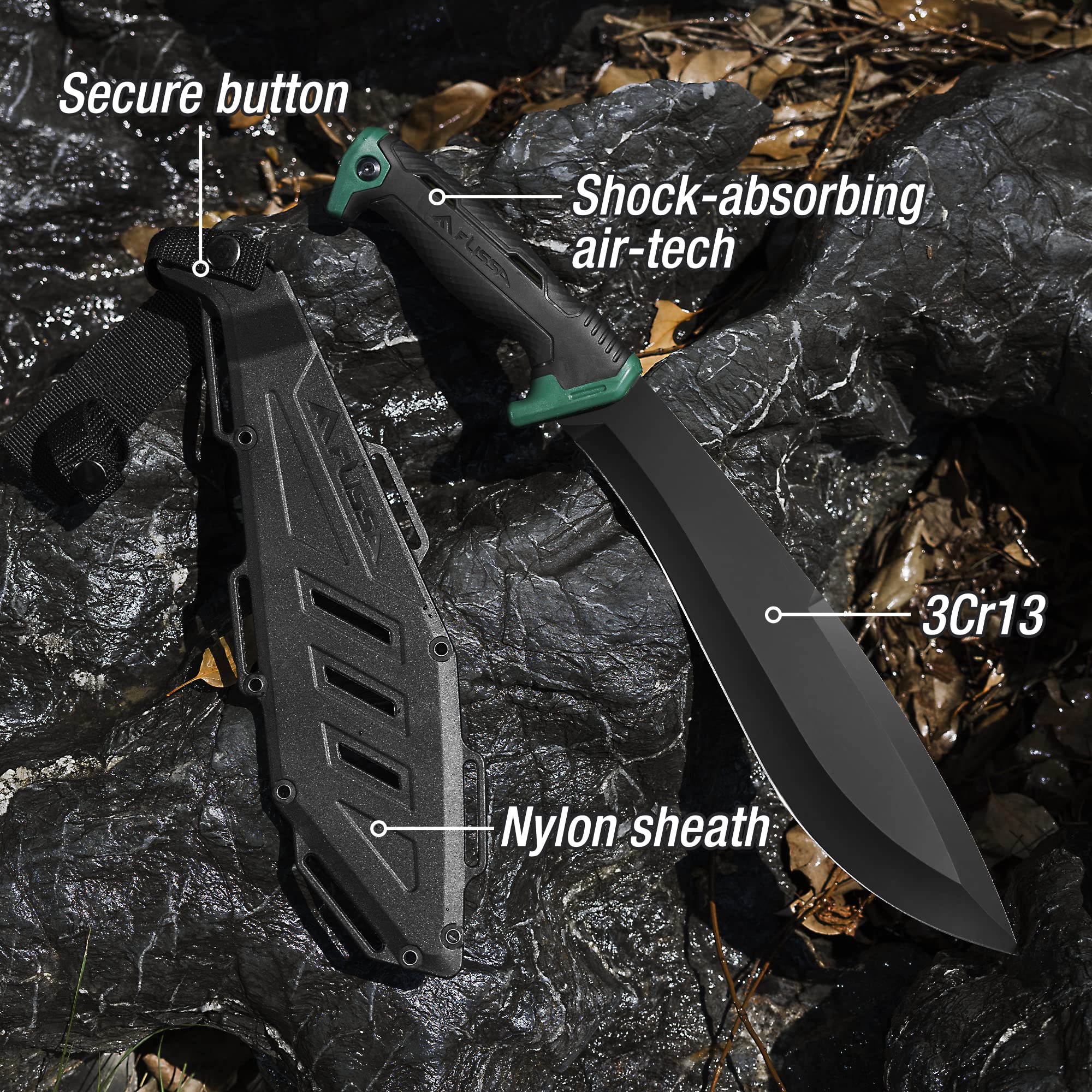 FLISSA Machete, 11-Inch Fixed Blade Camping Knife, Patented Shock-Absorbing Air Technology Handle, Ideal for Gardening, Forestry, and Outdoors, Includes Molded Sheath