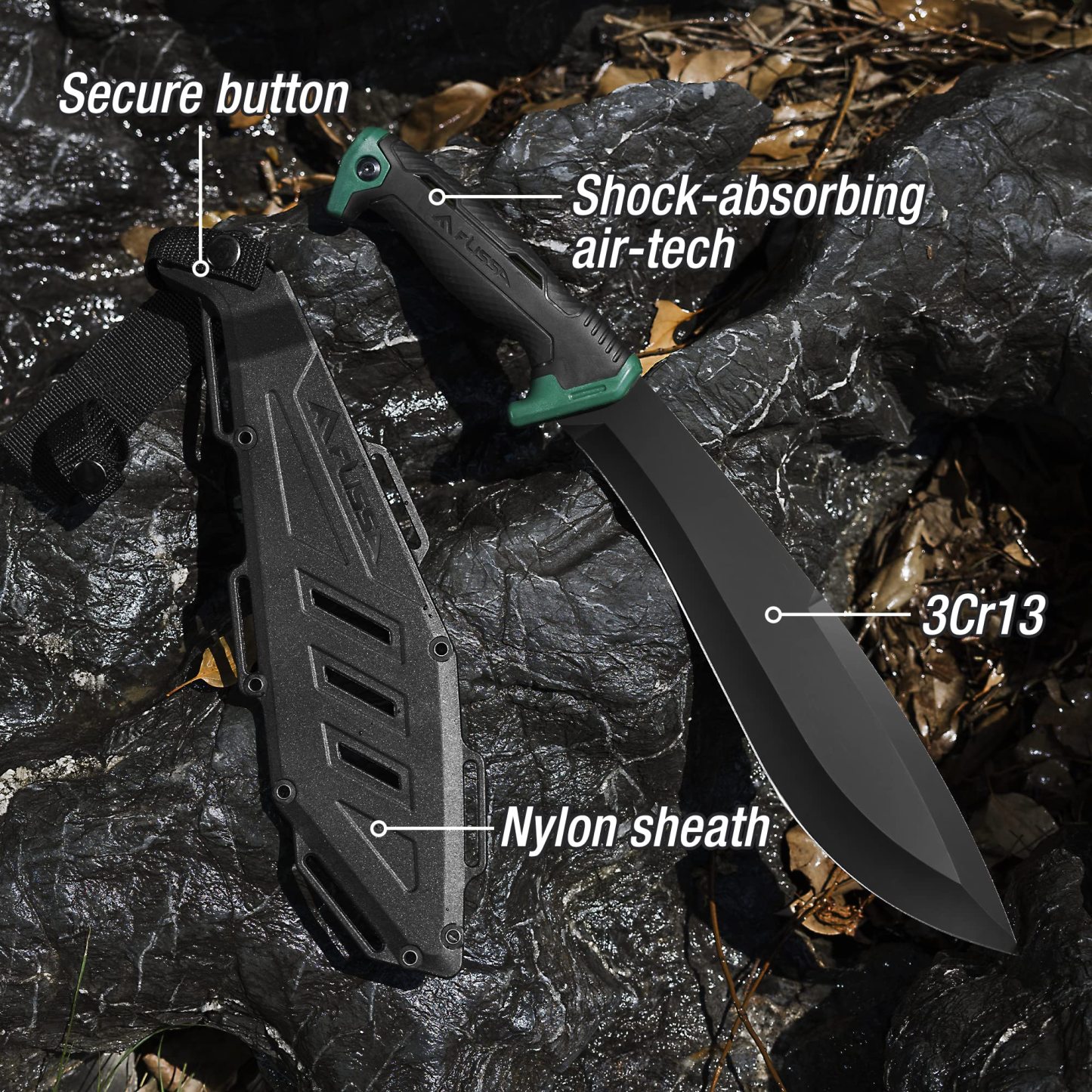 FLISSA Machete, 11-Inch Fixed Blade Camping Knife, Patented Shock-Absorbing Air Technology Handle, Ideal for Gardening, Forestry, and Outdoors, Includes Molded Sheath