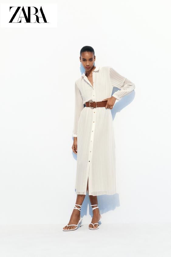 Rochie plisată midi cu curea albă ZARA