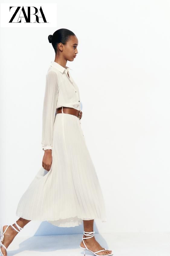 Rochie plisată midi cu curea albă ZARA