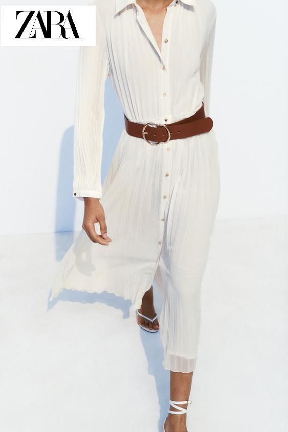 Rochie plisată midi cu curea albă ZARA