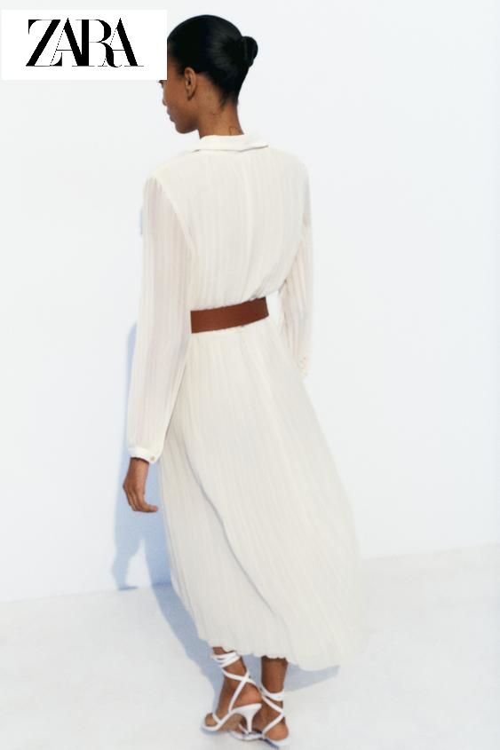 Rochie plisată midi cu curea albă ZARA