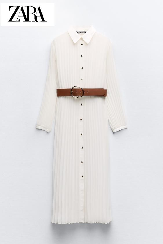 Rochie plisată midi cu curea albă ZARA