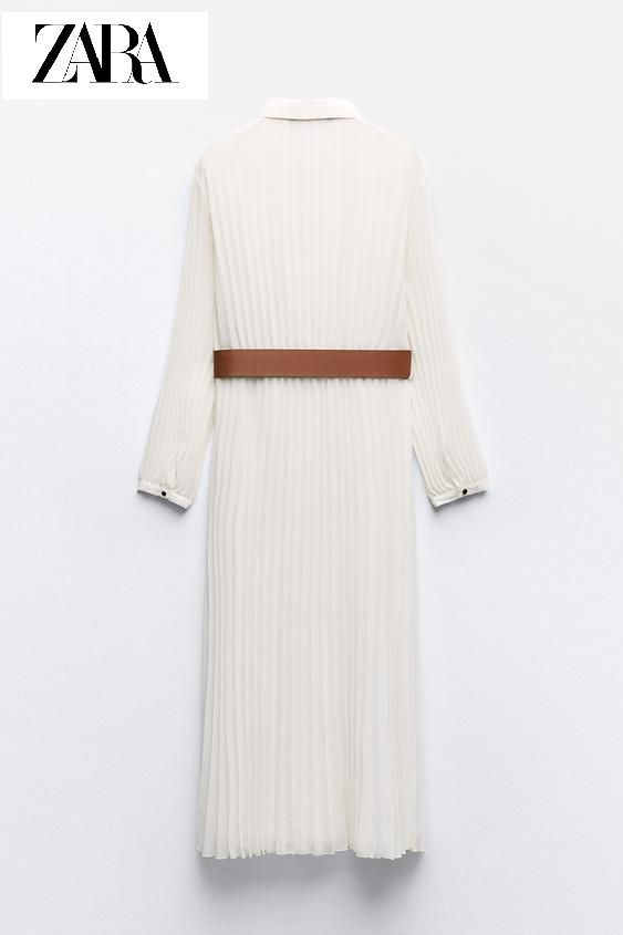Rochie plisată midi cu curea albă ZARA