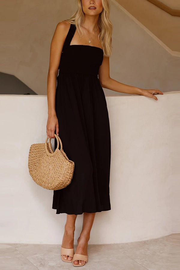 Bendita Pocketed Smocked Smocked Cross Back Midi Dress