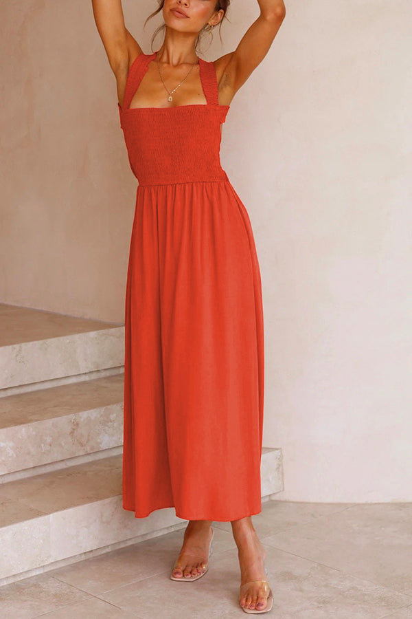 Bendita Pocketed Smocked Smocked Cross Back Midi Dress