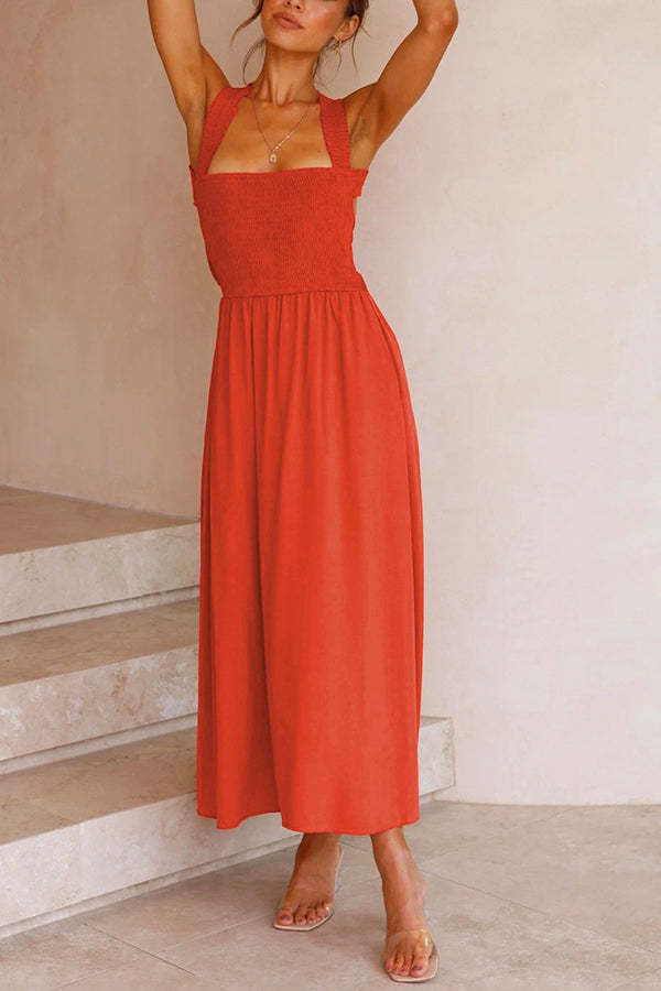 Bendita Pocketed Smocked Smocked Cross Back Midi Dress