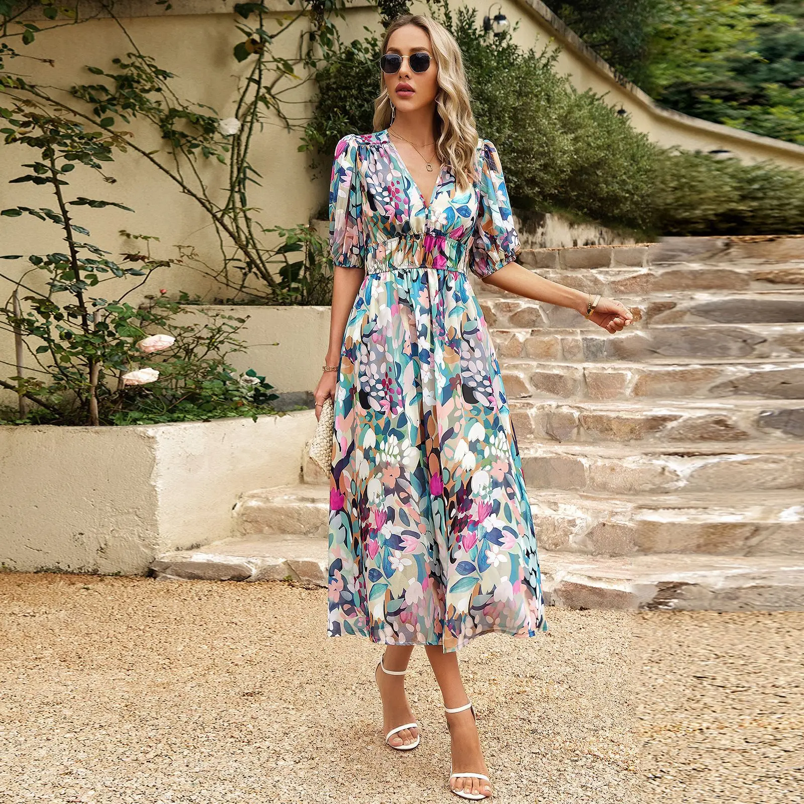 🔥[Preț redus cu 50%]🌸2023 Rochie de vară cu decolteu în V cu imprimeu