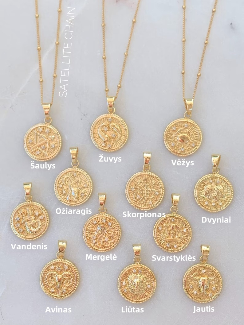 ✨ Zodiako monetų karoliai - unikalus auksu inkrustuotas dizainas, puiki gimtadienio dovana jai! 🎁