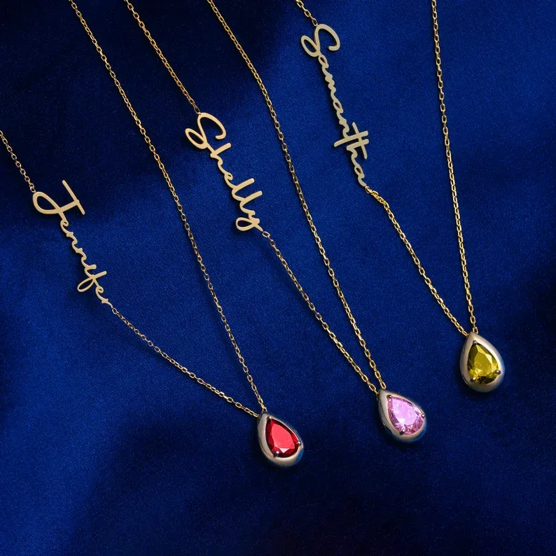 Piatra de nastere minimalista lucrata manual, colier personalizat din aur de 14k cu nume si piatra de nastere, cadou de Ziua Mamei pentru ea, bijuterii din piatra de nastere pentru femei