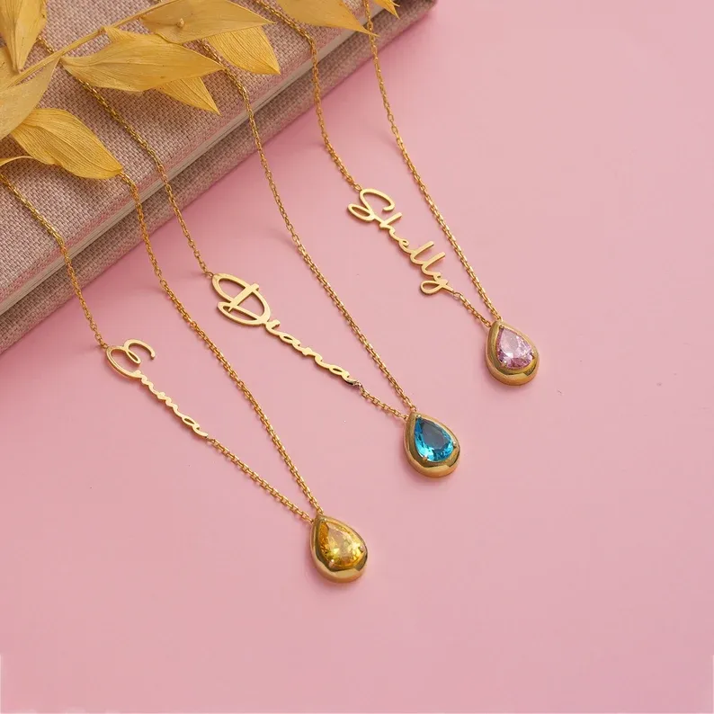 Piatra de nastere minimalista lucrata manual, colier personalizat din aur de 14k cu nume si piatra de nastere, cadou de Ziua Mamei pentru ea, bijuterii din piatra de nastere pentru femei