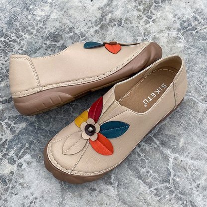 Amelolo Women Retro Flower Stitching Comfy Round Toe Slip On Flat Loafers Shoes
