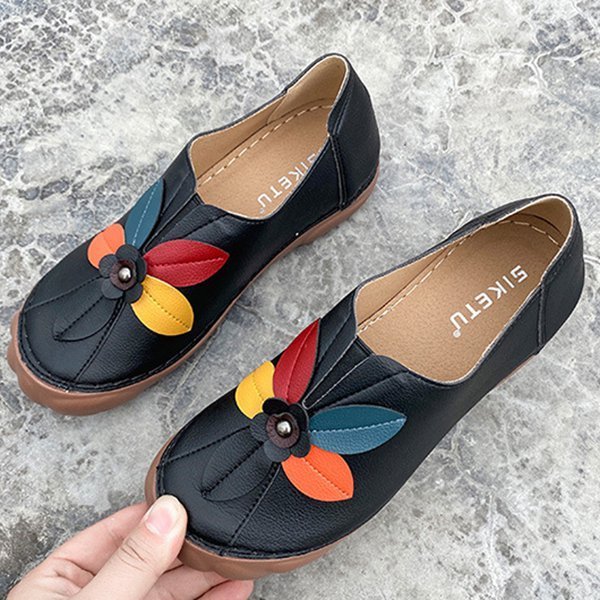 Amelolo Women Retro Flower Stitching Comfy Round Toe Slip On Flat Loafers Shoes