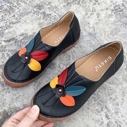 Amelolo Women Retro Flower Stitching Comfy Round Toe Slip On Flat Loafers Shoes