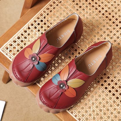 Amelolo Women Retro Flower Stitching Comfy Round Toe Slip On Flat Loafers Shoes