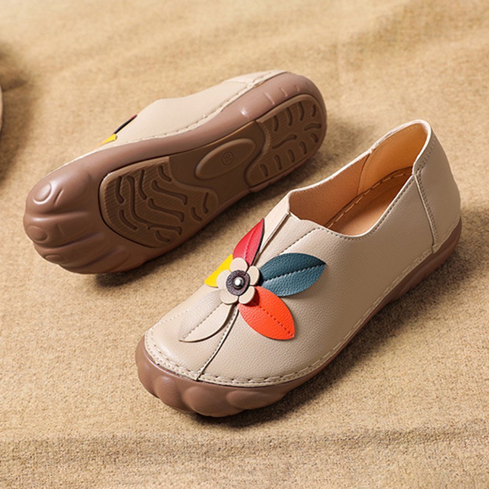 Amelolo Women Retro Flower Stitching Comfy Round Toe Slip On Flat Loafers Shoes