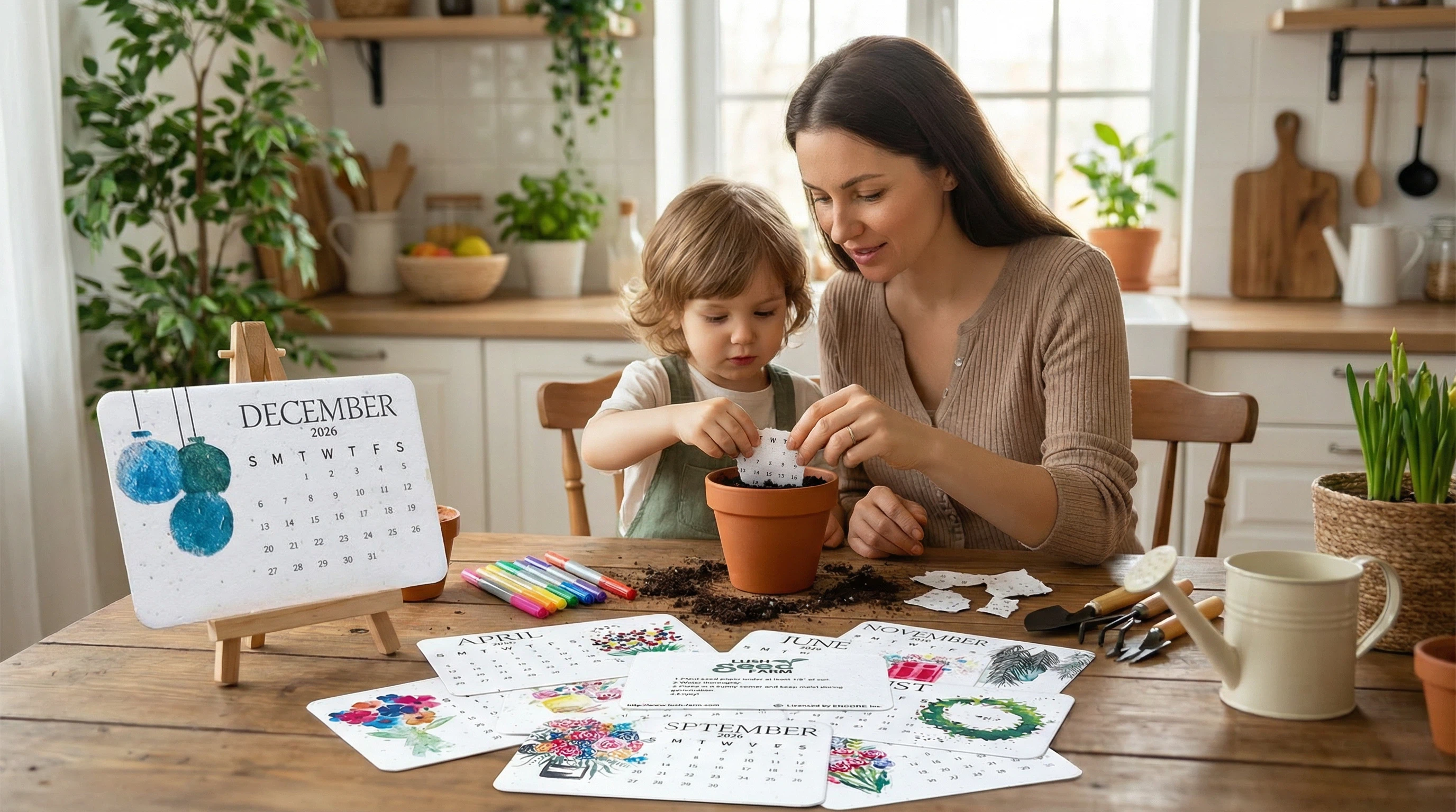 Parent and child planting seed paper together