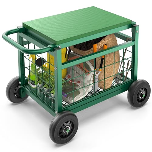 Rolling Garden Seat Cart - Storage Basket, Wheels, Portable