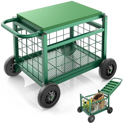 Rolling Garden Seat Cart - Storage Basket, Wheels, Portable