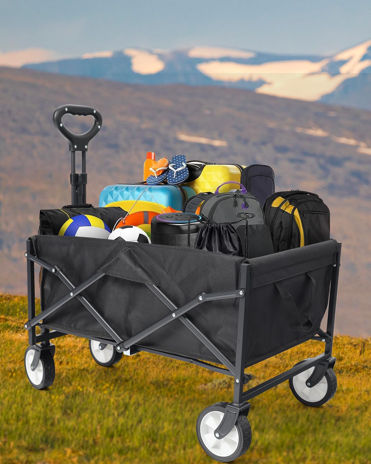 Collapsible Folding Wagon - All-Terrain, Drink Holders, Black