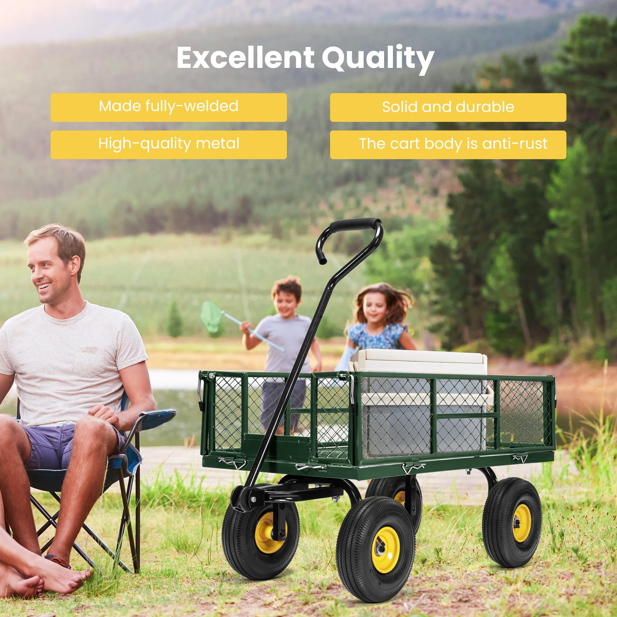 Heavy Duty 880 lbs Capacity Mesh Steel Garden Cart - Folding Utility Wagon