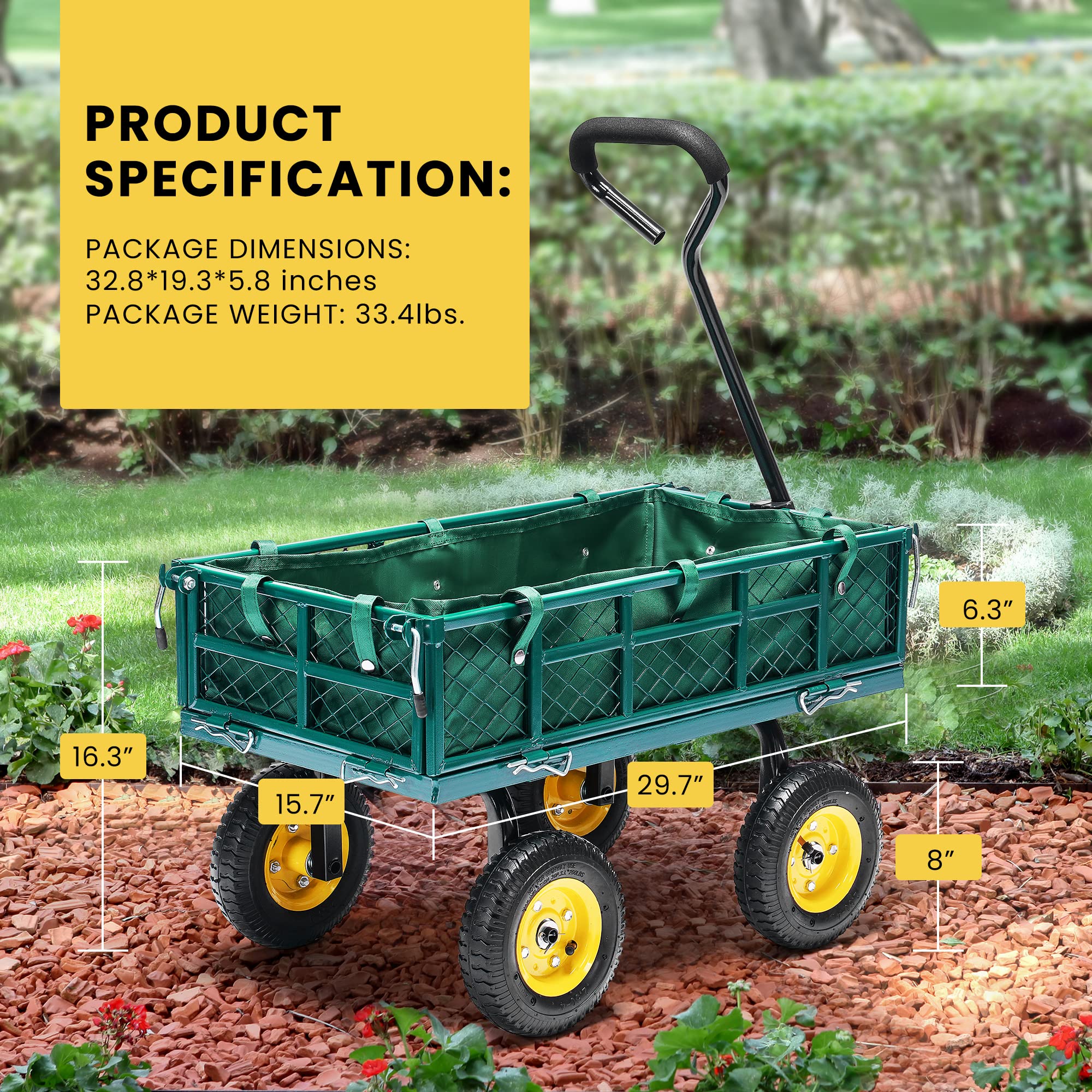 Heavy Duty 400 lbs Capacity Mesh Steel Garden Cart - Folding Utility Wagon