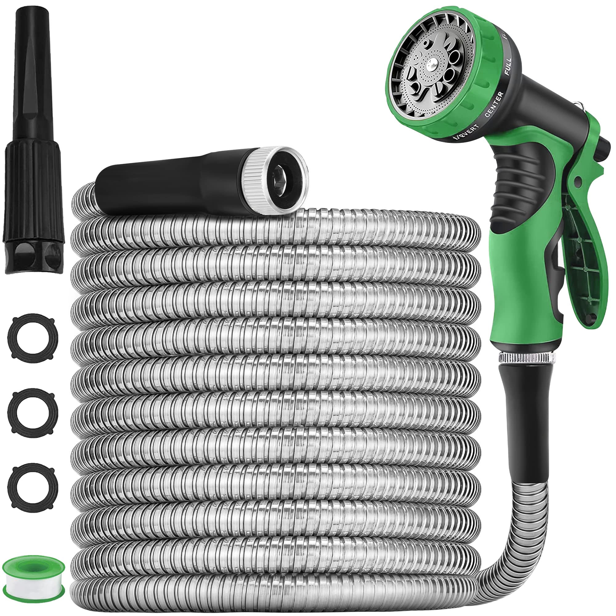 25ft 304 Stainless Steel Hose, 2 Nozzles, Never Kink/Tangle