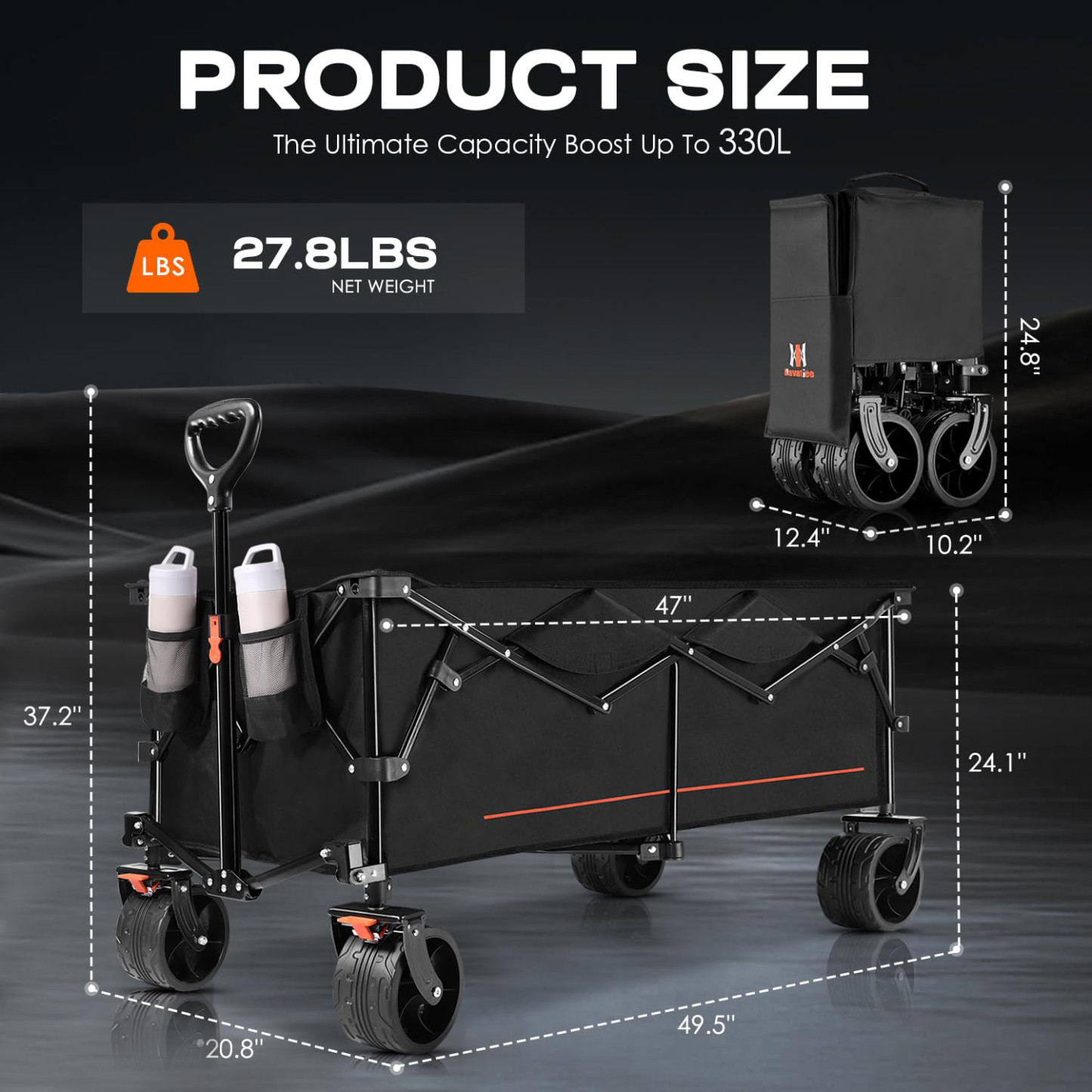 300L Collapsible Wagon, 440LBS, All-Terrain, Heavy Duty Utility Cart