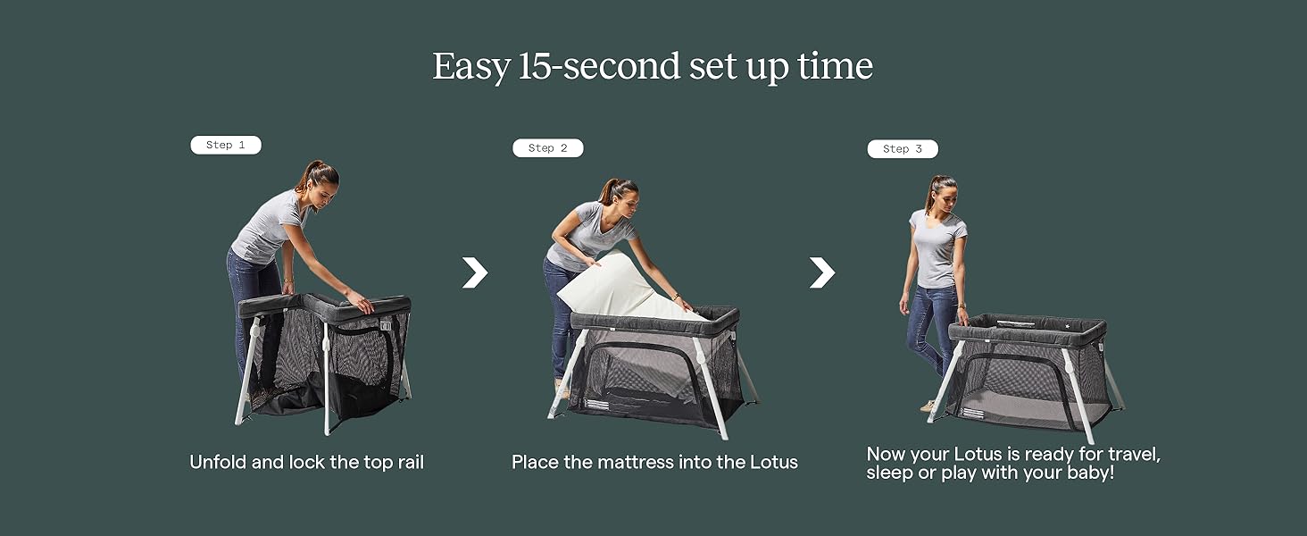 Easy 15 second set up time with 3 simple steps. Safe. secure and comfy travel crib for baby.