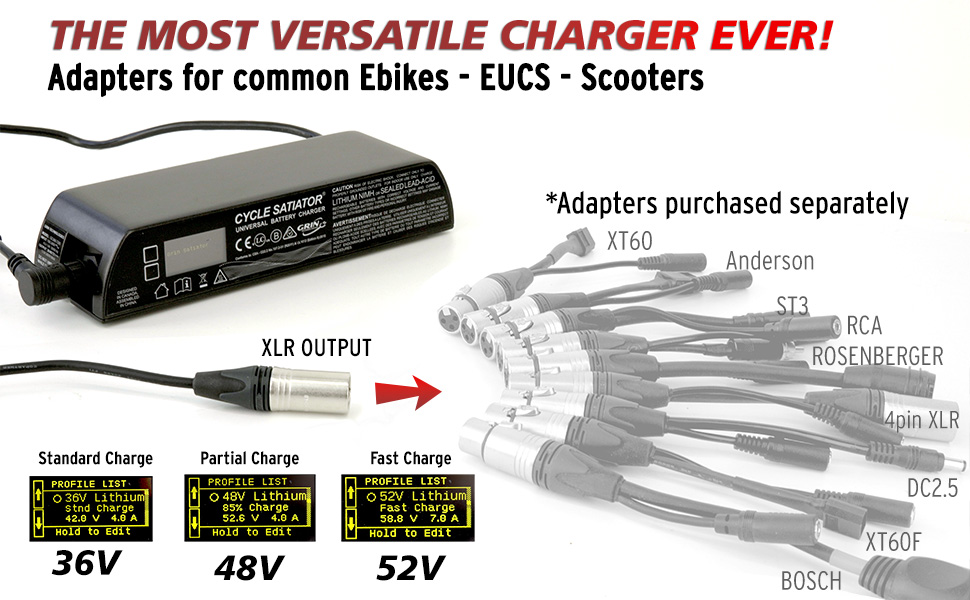 Charge any battery with many adapter options