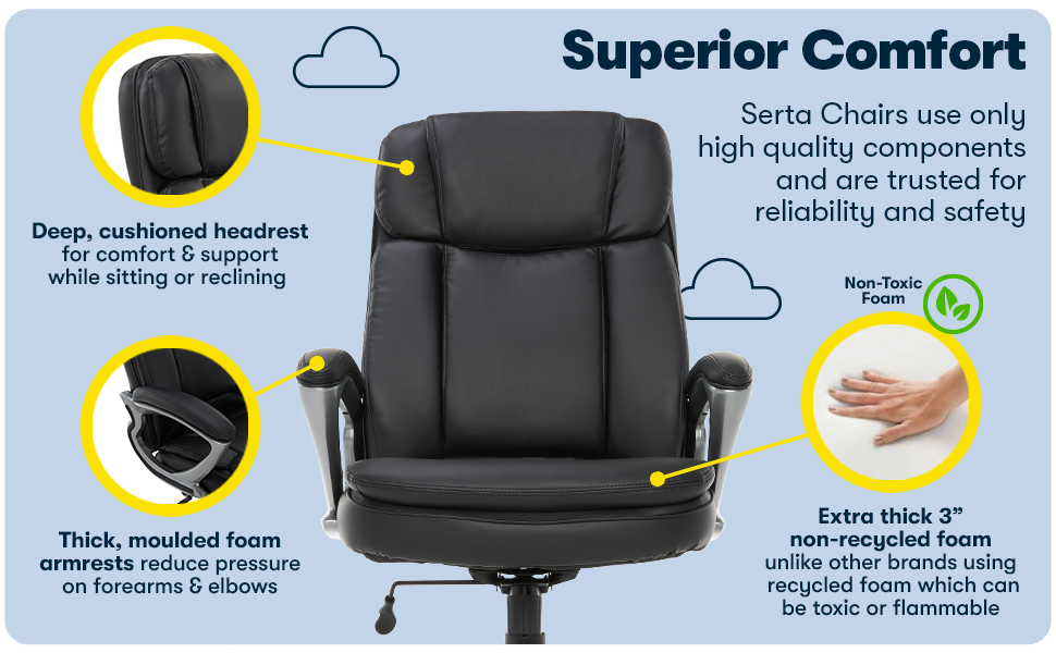 Serta, Office Chair, Big and Tall, Comfort, Support, Headrest, Foam, Safety, Padded