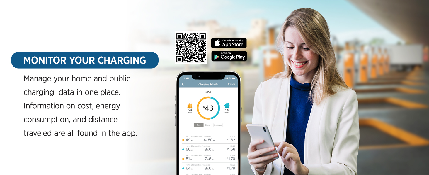 mobile app helps manage home & public charging data in 1 place - cost, energy consumption, distance