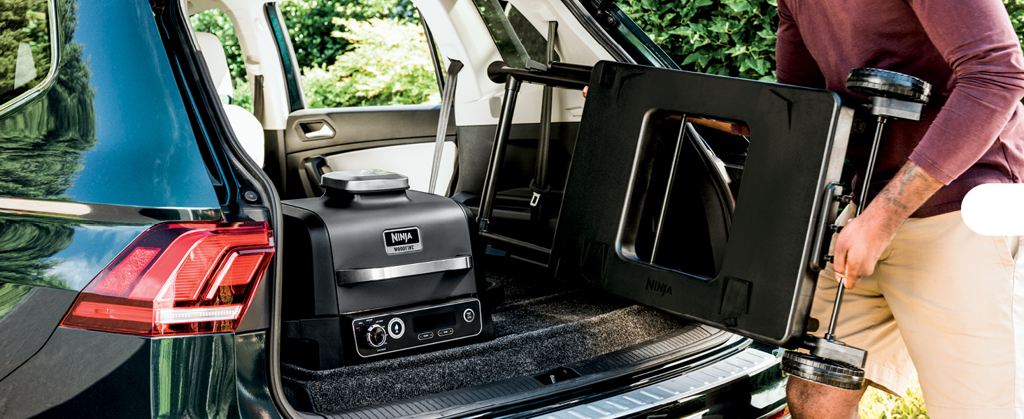 This sturdy, folding grill stand with wheels makes it easy to take your cookout anywhere.