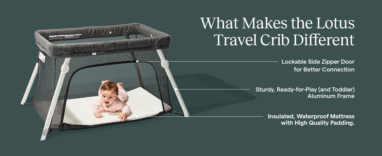 Lotus Travel Crib. safety and comfort. Crawl. sleep or play.