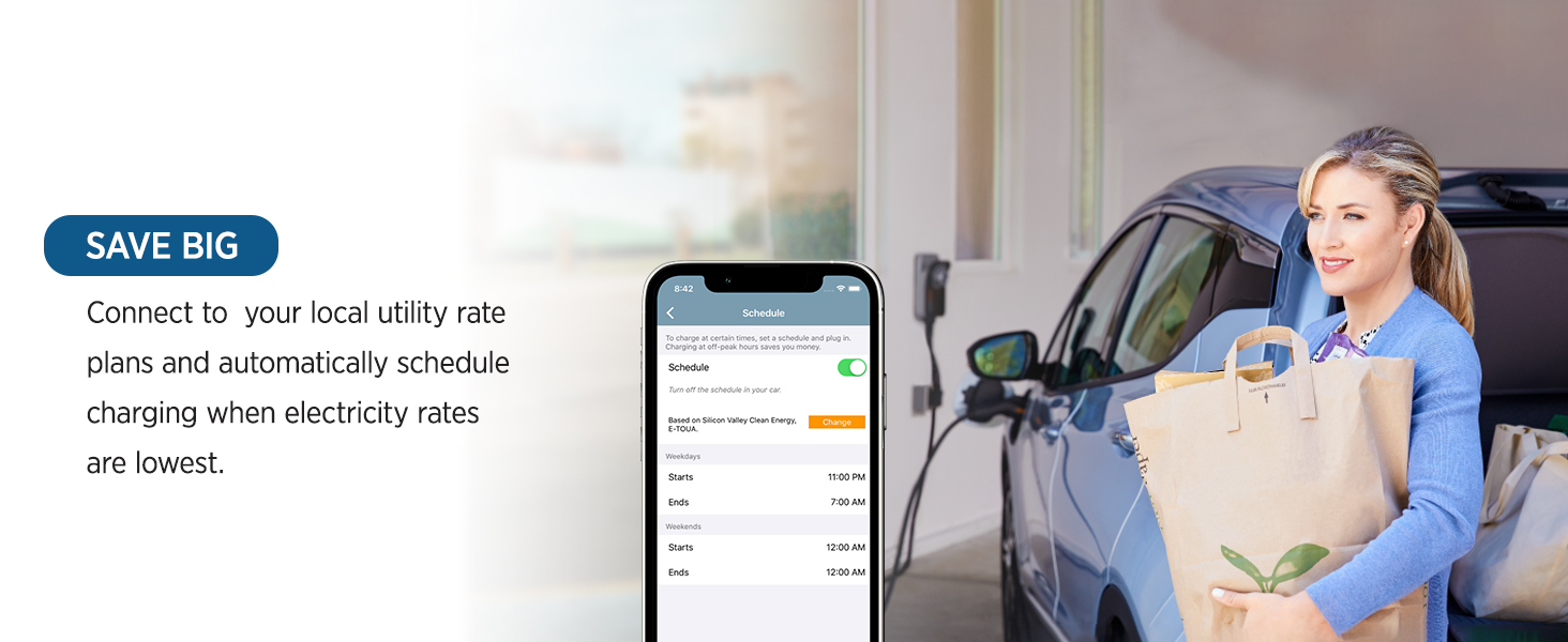 Connects to utility rate plans to automatically schedule charging when electricity rates are lowest