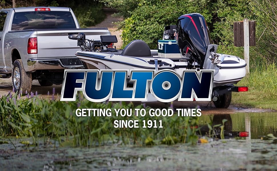 Fulton Logo Over Image of Pickup Truck Towing Boat Trailer into Water