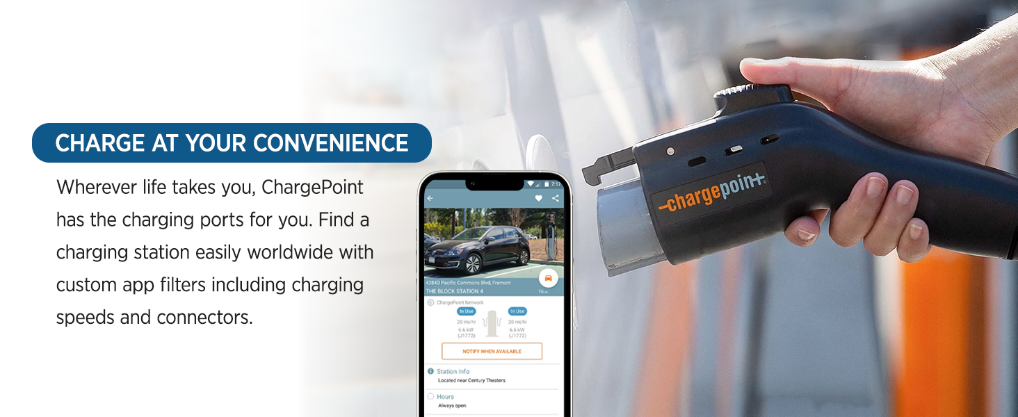 Convenient chargers by ChargePoint worldwide with app filters including charging speeds & connectors