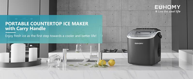 Product Introduction of EUHOMY Ice Maker Countertop with Handle, 26lbs in 24Hrs, 9 Ice Cubes Ready in 6 Mins, Auto-Cleaning Portable Ice Maker with Basket and Scoop, for Home/Kitchen/Camping/RV. (2024 New Silver) Utensils 0