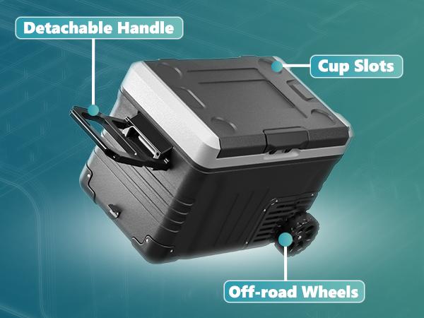 Product Introduction of EUHOMY 12V Refrigerator (24/37/53Quart /23L/35L/50L) supports 12V/24V DC & 110-240V AC. Portable with -4°F~68°F range, it features wheels, 2 baskets, and large cooling zone. Ideal for RVs, travel, Truck, Boat 8