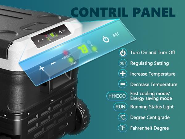 Product Introduction of EUHOMY 12V Refrigerator (24/37/53Quart /23L/35L/50L) supports 12V/24V DC & 110-240V AC. Portable with -4°F~68°F range, it features wheels, 2 baskets, and large cooling zone. Ideal for RVs, travel, Truck, Boat 4