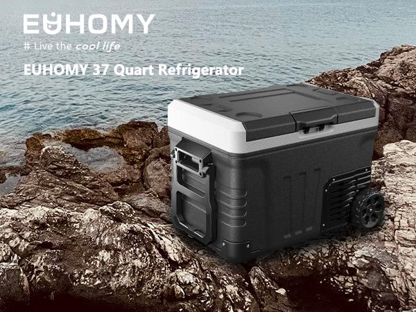 Product Introduction of EUHOMY 12V Refrigerator (24/37/53Quart /23L/35L/50L) supports 12V/24V DC & 110-240V AC. Portable with -4°F~68°F range, it features wheels, 2 baskets, and large cooling zone. Ideal for RVs, travel, Truck, Boat 0